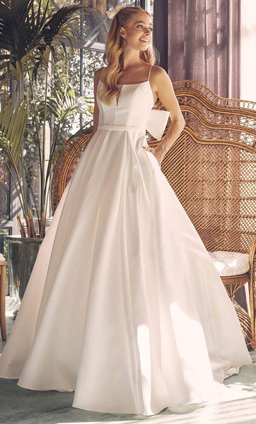 A-line Floor Length Natural Waistline Sleeveless Spaghetti Strap Pleated Pocketed Wedding Dress with a Court Train with a Brush/Sweep Train With a Bow(s)