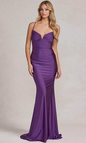 V-neck Natural Waistline Spaghetti Strap Mermaid Lace-Up Cutout Ruched Gathered Beaded Bandeau Neck Evening Dress with a Brush/Sweep Train With Rhinestones