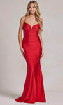 V-neck Mermaid Spaghetti Strap Lace-Up Gathered Cutout Beaded Ruched Bandeau Neck Natural Waistline Evening Dress with a Brush/Sweep Train With Rhinestones