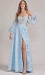 Sexy A-line Strapless Lace Sweetheart Bishop Long Sleeves Corset Natural Waistline Floor Length Slit Embroidered Back Zipper Prom Dress with a Court Train