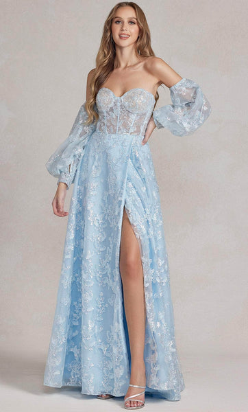 Sexy A-line Strapless Sweetheart Corset Natural Waistline Floor Length Lace Back Zipper Embroidered Slit Bishop Long Sleeves Prom Dress with a Court Train