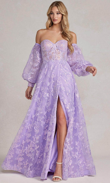 Sexy A-line Strapless Floor Length Lace Slit Back Zipper Embroidered Bishop Long Sleeves Corset Natural Waistline Sweetheart Prom Dress with a Court Train