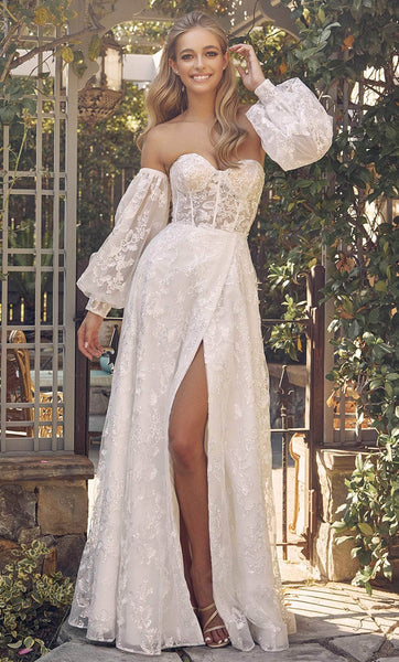 A-line Strapless Lace Corset Natural Waistline Floor Length Sweetheart Back Zipper Slit Glittering Long Sleeves Dress with a Brush/Sweep Train