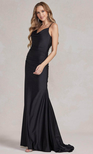 Cowl Neck Fitted Open-Back Ruched Back Zipper Natural Waistline Sheath Satin Sleeveless Spaghetti Strap Floor Length Sheath Dress with a Brush/Sweep Train