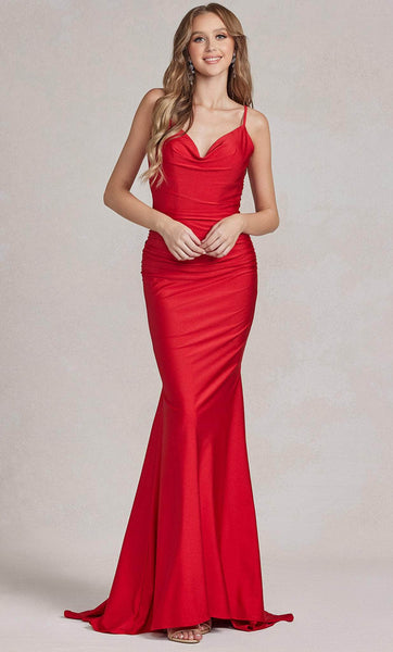Cowl Neck Floor Length Natural Waistline Open-Back Back Zipper Ruched Fitted Satin Sheath Sleeveless Spaghetti Strap Sheath Dress with a Brush/Sweep Train