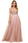 A-line V-neck Natural Waistline Cold Shoulder Sleeves Sleeveless Spaghetti Strap Tulle Floor Length Plunging Neck Sheer Glittering Open-Back Illusion Jeweled Beaded Back Zipper Cutout Pleated Dress