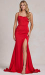Illusion Fitted Back Zipper Lace-Up Slit Scoop Neck Floor Length Mermaid Corset Natural Waistline Spaghetti Strap Prom Dress with a Brush/Sweep Train