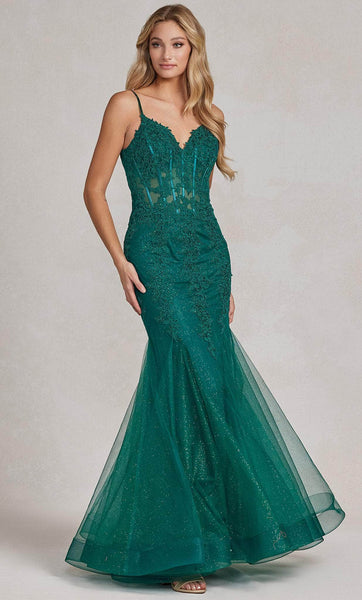 V-neck V Back Fitted Illusion Open-Back Beaded Applique Lace Sleeveless Spaghetti Strap Mermaid Corset Natural Waistline Prom Dress