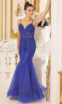 V-neck Mermaid Illusion V Back Applique Open-Back Beaded Fitted Corset Natural Waistline Lace Sleeveless Spaghetti Strap Prom Dress