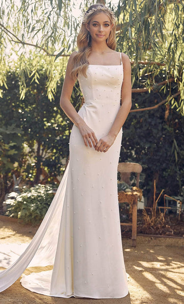 Sexy Sheath Sleeveless Spaghetti Strap Straight Neck Natural Waistline Fitted Back Zipper Applique Beaded Flowy Sheath Dress/Wedding Dress with a Chapel Train With Pearls