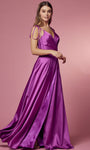 A-line V-neck Natural Waistline Slit Open-Back Flower(s) Back Zipper Pocketed Prom Dress with a Brush/Sweep Train