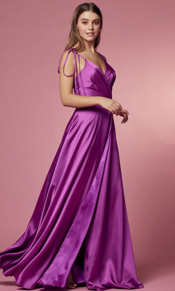 A-line V-neck Flower(s) Open-Back Pocketed Slit Back Zipper Natural Waistline Prom Dress with a Brush/Sweep Train