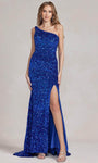 One Shoulder Spaghetti Strap Sheath Natural Waistline Slit Sequined Asymmetric Sheath Dress/Evening Dress with a Brush/Sweep Train