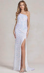 One Shoulder Spaghetti Strap Sheath Slit Asymmetric Sequined Natural Waistline Sheath Dress/Evening Dress with a Brush/Sweep Train