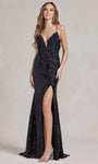 Sophisticated V-neck Spaghetti Strap Embroidered Applique Sequined Lace-Up Slit Sheer Plunging Neck Sheath Natural Waistline Floral Print Sheath Dress/Evening Dress with a Brush/Sweep Train