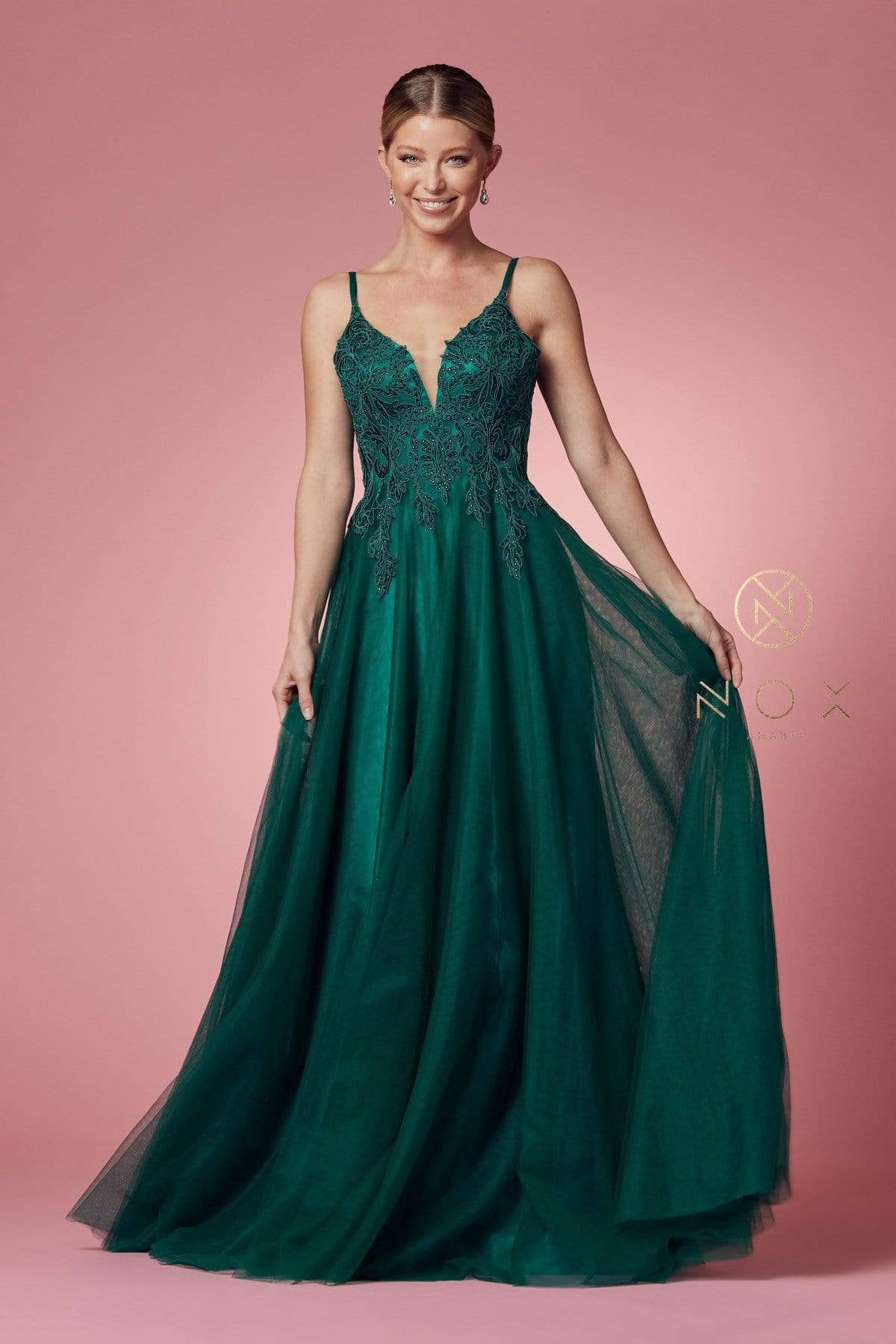 Nox Anabel - R357 Plunging Embroidered Lace Bodice Gown