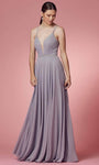 A-line V-neck Sleeveless Spaghetti Strap Sheer Flowy Beaded Goddess Lace-Up Open-Back Plunging Neck Natural Waistline Dress