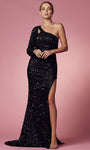 Asymmetric Goddess Cutout Slit Sequined Back Zipper Sheath Natural Waistline Long Sleeves One Shoulder Sheath Dress/Evening Dress with a Brush/Sweep Train