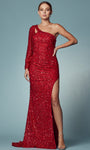 Long Sleeves One Shoulder Slit Cutout Back Zipper Sequined Goddess Asymmetric Sheath Natural Waistline Sheath Dress/Evening Dress with a Brush/Sweep Train