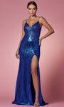 Sophisticated V-neck Natural Waistline Glittering Cutout Slit Goddess Sequined Applique Back Zipper Illusion Sheath Spaghetti Strap Sheath Dress/Prom Dress with a Brush/Sweep Train