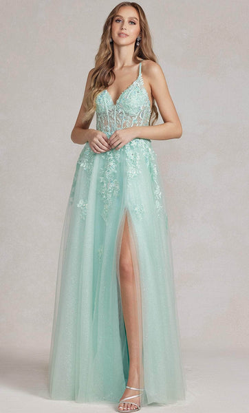 Sophisticated A-line V-neck Lace Floor Length Lace-Up Embroidered Open-Back Pleated Slit Sleeveless Spaghetti Strap Corset Natural Waistline Plunging Neck Prom Dress