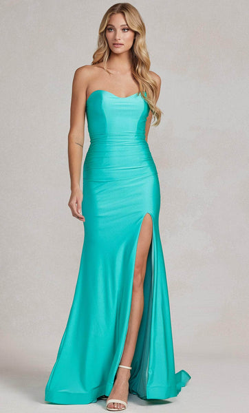 Strapless Ruched Cutout Slit Sweetheart Mermaid Natural Waistline Satin Evening Dress with a Brush/Sweep Train