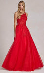 A-line Lace Floor Length Applique Asymmetric Beaded Sleeveless Floral Print Corset Natural Waistline Prom Dress