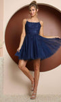 A-line Applique Open-Back Fitted Sheer Lace-Up Natural Waistline Sleeveless Spaghetti Strap Lace Short Scoop Neck Dress