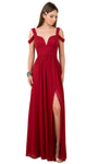 A-line V-neck Fitted Pleated Slit Cold Shoulder Sleeves Floor Length Empire Waistline Plunging Neck Polyester Dress