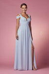 A-line V-neck Polyester Empire Waistline Cold Shoulder Sleeves Plunging Neck Floor Length Fitted Slit Pleated Dress