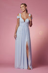 A-line V-neck Cold Shoulder Sleeves Floor Length Fitted Slit Pleated Polyester Plunging Neck Empire Waistline Dress