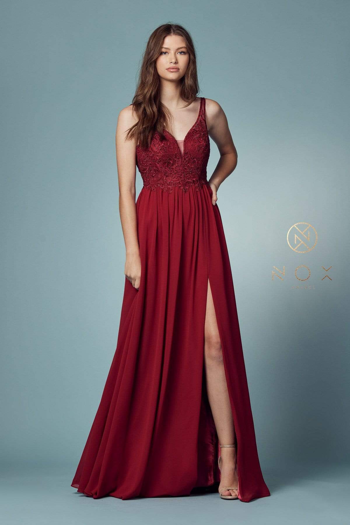 Nox Anabel - Y299 Sleeveless Beaded Lace Applique Bodice A-Line Gown
