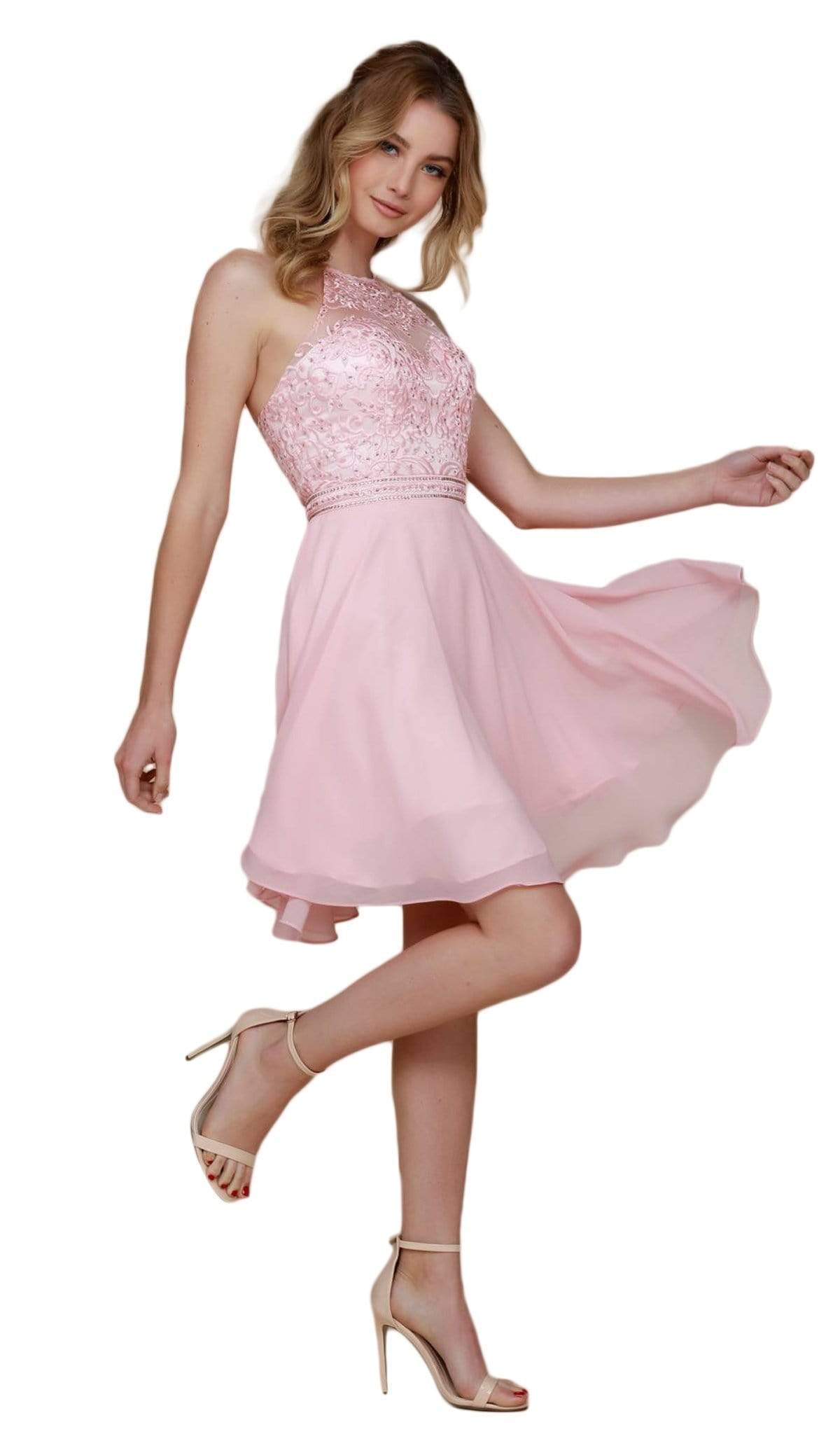Nox Anabel - Y629 Embellished Illusion Halter Chiffon A-line Dress
