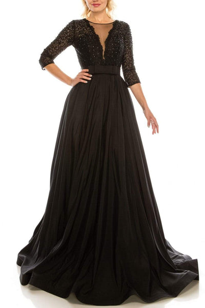 Sophisticated A-line Taffeta Embroidered Mesh Illusion Jeweled Pleated Pocketed Natural Waistline Fall Jeweled Neck Plunging Neck Dress with a Court Train With a Bow(s) and a Ribbon and Rhinestones