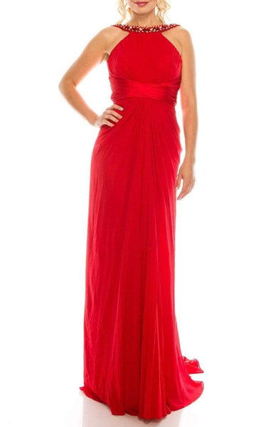 Sophisticated Floor Length Empire Waistline Sleeveless Hidden Back Zipper Gathered Goddess Halter Sheath Sheath Dress/Evening Dress With Ruffles