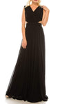 Sophisticated A-line V-neck Empire Waistline Cap Flutter Sleeves Draped Hidden Back Zipper Mesh Shirred Cutout Floor Length Full-Skirt Dress