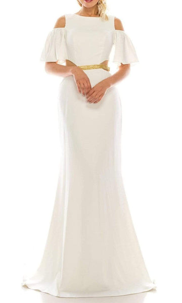 Sexy Sophisticated Cold Shoulder Sleeves Bateau Neck Sheath Hidden Back Zipper Beaded Sheer Draped Cutout Mesh Natural Waistline Sheath Dress/Evening Dress with a Court Train with a Brush/Sweep Train