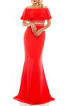 Natural Waistline Mermaid Crepe Jeweled Mesh Slit Back Zipper Off the Shoulder Dress with a Court Train With Ruffles