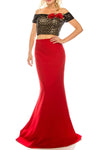 Sequined Back Zipper Embroidered Open-Back Crepe Off the Shoulder Natural Waistline Mermaid Floor Length Evening Dress with a Brush/Sweep Train