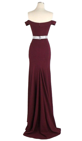 Natural Waistline Off the Shoulder Back Zipper Fitted Belted Jersey Sheath Mermaid Floor Length Above the Knee Sheath Dress/Evening Dress with a Brush/Sweep Train