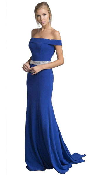 Off the Shoulder Floor Length Above the Knee Jersey Back Zipper Fitted Belted Sheath Mermaid Natural Waistline Sheath Dress/Evening Dress with a Brush/Sweep Train