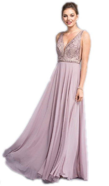 A-line V-neck Sheer V Back Plunging Neck Floor Length Natural Waistline Sleeveless Evening Dress/Prom Dress