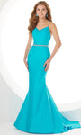 Sophisticated Beaded Fitted Natural Waistline Mermaid Cowl Neck Plunging Neck Dress with a Brush/Sweep Train