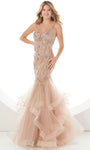 V-neck Tulle Natural Waistline Plunging Neck Floor Length Mermaid Illusion Beaded Tiered Sheer Spaghetti Strap Dress