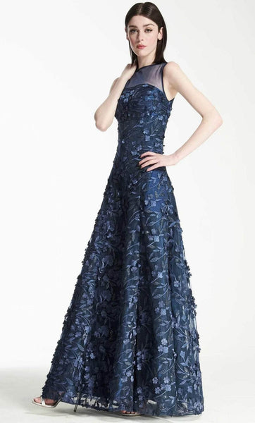 A-line Sleeveless Floor Length Floral Print Empire Waistline Illusion Back Zipper Semi Sheer Jeweled Neck Prom Dress