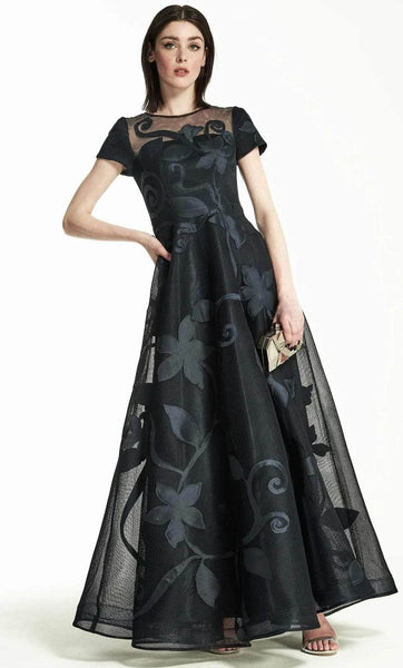 A-line Natural Waistline Jeweled Neck Floral Print Floor Length Jeweled Semi Sheer Hidden Back Zipper Applique Illusion Short Sleeves Sleeves Prom Dress/Party Dress