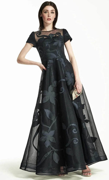 A-line Floor Length Short Sleeves Sleeves Jeweled Neck Natural Waistline Applique Semi Sheer Illusion Jeweled Hidden Back Zipper Floral Print Prom Dress/Party Dress