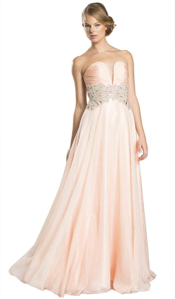 A-line Strapless Sleeveless Floor Length Plunging Neck Sweetheart Empire Waistline Ruched Beaded Pleated Sheer Prom Dress