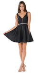 A-line V-neck Natural Waistline Cocktail Short Plunging Neck Sleeveless Back Zipper V Back Sheer Belted Pocketed Dress