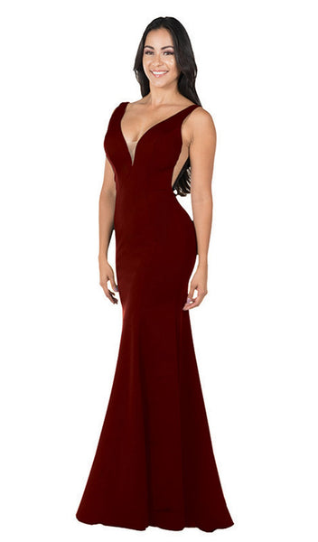 V-neck Plunging Neck Mesh V Back Hidden Back Zipper Illusion Cutout Sheer Sleeveless Mermaid Natural Waistline Floor Length Evening Dress